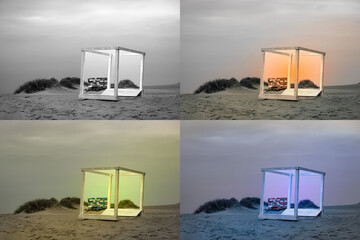 Collage of pictures of frame loungers of different colors that glow from the inside