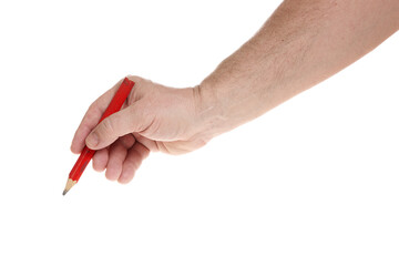 Hand holds a red construction pencil on a white background
