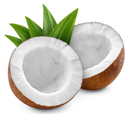 Coconut and green leaves isolated on white background
