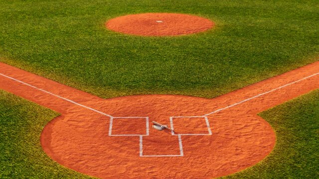 A home base with ball and bat. The camera zooms out showing vast baseball field