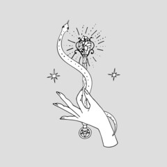 Vintage Mystic snake coiled around the magic wand hold in hand. Sacred Serpent and rod illustration drawing print