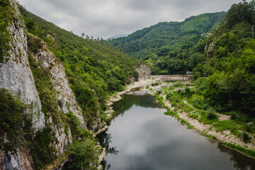 Fototapeta na wymiar Paisaje verde de un río y montañas cubiertas de verde.