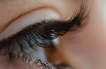 Imagen de un ojo marrón tierra de una chica con máscara de pestañas en un plano detalle casi...