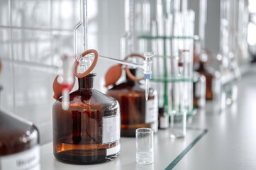 Chemical laboratory all kinds of flasks, tubes and taps