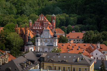 Aerial view of Church of St. Anne, Bernardine Church and St Michael Church - Vilnius, Lithuania