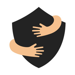 Human hands embracing or holding shield sign vector flat illustration isolated on white background. Creative emblem with black big security symbol and hugging arms. Logo with a hug.