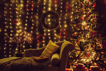 Festive decorated home interior living room in with lot of string LED lights, led curtains and pine...