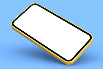 Realistic gold smartphone with blank white screen isolated on blue background