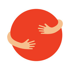 Human hands embracing or holding circle vector flat illustration isolated on white background. Creative emblem with a red big round figure and hugging arms. Logo with a hug.