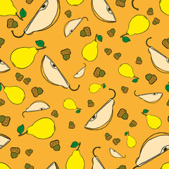 Vector Orange Autumn background pattern with pears and acorns