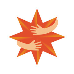 Human hands embracing or holding eight pointed star vector flat illustration isolated on white background. Creative emblem with a red big star and hugging arms. Logo with a hug.