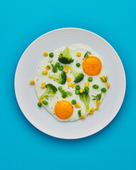 Keto diet food. Fried eggs, broccoli, corn, peas, dill, pepper on white plate on blue background. Cooking from leftovers. Vertical, copy space, overhead