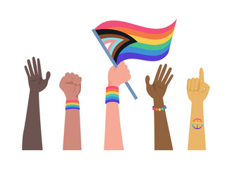 Human hands holding rainbow LGBT plus flag, male and female symbols. Lesbian, gay, bisexual, transgender, and queer people pride parade vector flat illustration. Human rights and tolerance concept.