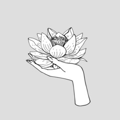 Vintage boho illustration of female Hand holding lotus flower.