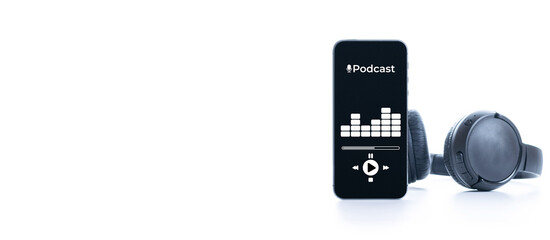 Podcast background. Mobile smartphone screen with podcast application, sound headphones. Audio voice with radio microphone on white. Recording studio or podcasting banner with copy space. - obrazy, fototapety, plakaty