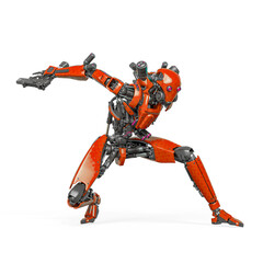droid soldier is landing like a super hero in action and holding a pistol