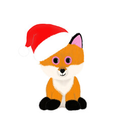 Cute fox in a Christmas hat on a white background, illustration