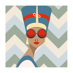 Ironic portrait Head of Egyptian Pharaoh woman wearing modern sunglasses