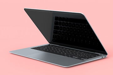 Realistic aluminum laptop with empty white screen isolated on pink background. - obrazy, fototapety, plakaty