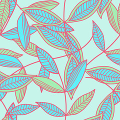 Seamless floral pattern in ethnic style. Abstract multi colored leaves on trendy  background. Vector illustration
