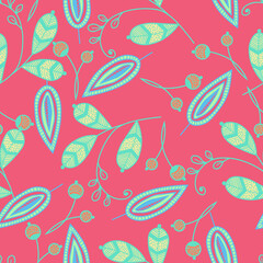 Seamless floral pattern in ethnic style. Abstract multi colored leaves on trendy  background. Vector illustration
