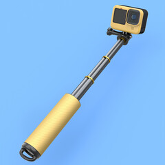 Photo and video lightweight yellow action camera with selfie stick on blue