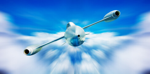 Futuristic supersonic jet airplane fly in clouds - obrazy, fototapety, plakaty