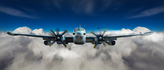 Front view from a big airplane between the clouds