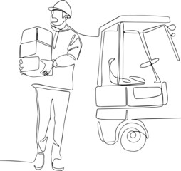 Logistics collection. Worker in uniforms and with helmets on heads relocating heavy boxes Warehouse worker isolated line drawing. Vector illustration