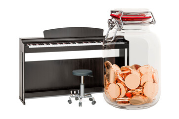 Digital piano with glass jar full of golden coins, 3D rendering © alexlmx