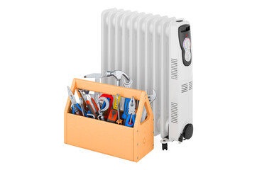 Oil heater with toolbox. Repair and service of electric oil heater, 3D rendering