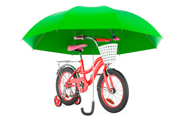 Tricycle kids bicycle under umbrella, 3D rendering