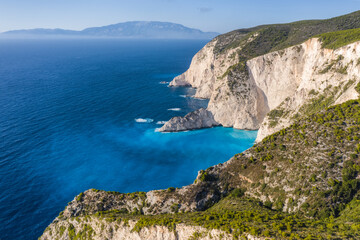 Fototapeta na wymiar Aerial view of limestone cliffs close to Navagio or Shipwreck Beach on Zakynthos Island, Greece. Summer vacation travel concept