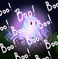 a cute ghost at night among the grass in the light of the moon the inscription boo!