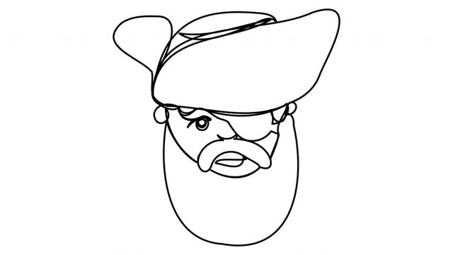 Self drawing of cartoon pirate in one-line on white background. A bearded man with an eye patch and a triangular hat. 4k video with a symbol of a consumer of pirated content with an alpha channel.