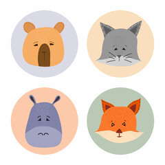 Vector illustration of animal face set. Animals icons design over white background. Flat vector illustration.