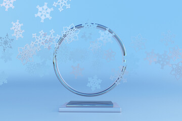 Christmas and New Year template. 3D silver blue background with empty podium and snowflakes. Winter festive template composition