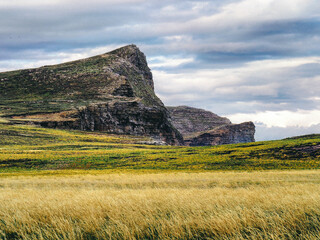 Beautiful landscape with a green meadow and rocky mountains