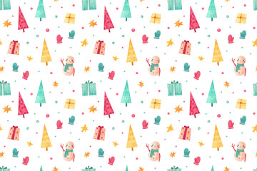 watercolor christmas seamless pattern with a lot of cute little winter elements (snowman, christmas trees with different textures, gifts, stars, confetti, bubbles, gloves). perfect for textile