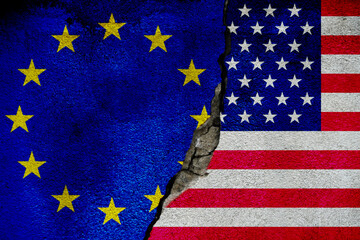 cracked concrete wall with flag of EU europe union and USA america  - concept for relations between countries, partnership,  agreement, conflict, political tension 