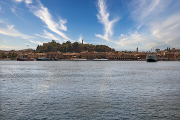 Kerkyra port with blue sky. Corfu, Greece.