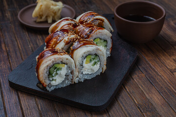 Asian traditional snack. Japanese sushi - fast food