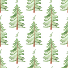 Obraz premium Seamless pattern with hand-drawn watercolor green Christmas tree and grass on white background. Print for textiles, postcards, etc.
