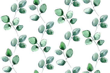 seamless pattern with eucalyptus leaves. mesh of watercolor eucalyptus branches on a white background. for wallpaper, fabric, textile