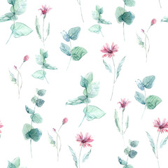 seamless pattern with eucalyptus leaves. watercolor branches of eucalyptus and pink chamomiles on a white background. for wallpaper, fabric, textile
