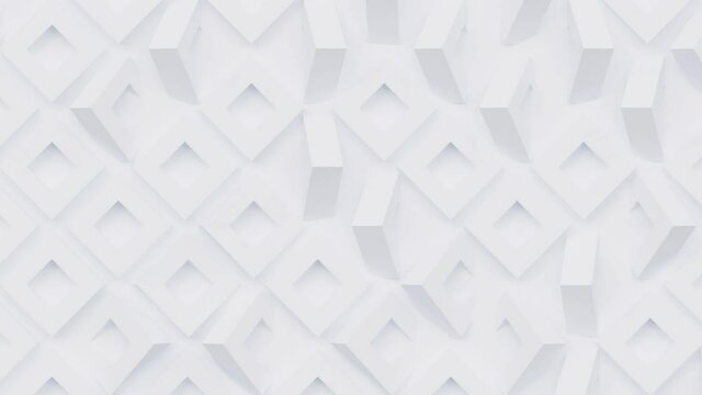 Geometric mosaic grid abstract seamless looping white background with square rotating shape, 3d render creative motion design, wallpaper with rhombus pattern