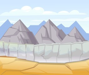 Fototapeta premium Rocky cliffs. Cross gorge. Failure with an abyss. Desert natural landscape with stones. Illustration in cartoon style flat design. Vector