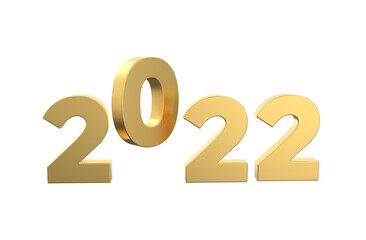 Golden 2022 text isolated on white background - 3d rendering, 3d Illustration   