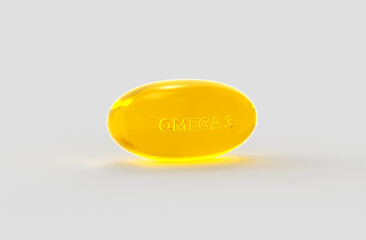 Yellow softgel omega 3 pill isolated on white background - 3d rendering, 3d illustration