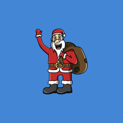 santa claus waving with holding present gift christmas winter vector illustration 
